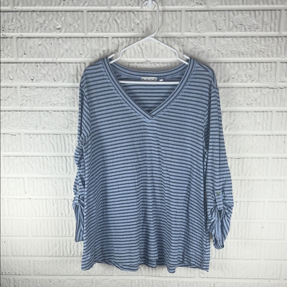 Habitat Blue Striped V-Neck Women’s Top with Tie Sleeve